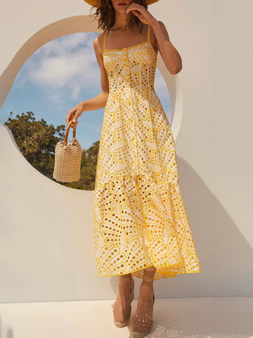 Woochic robe longue découpée bretelles fendue encolure carrée jaune S